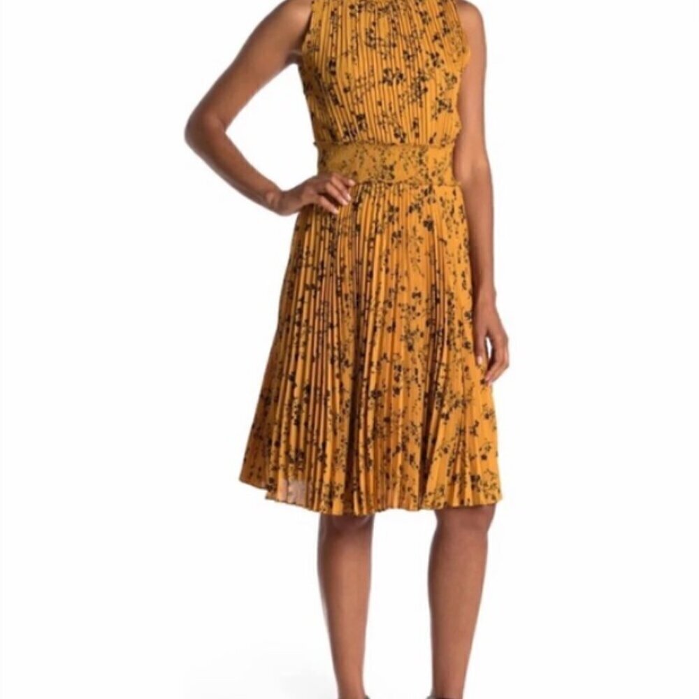 Nanette Lepore High Neck Smocked Accordion Pleat Dress, Goldenrod Floral, Size 8